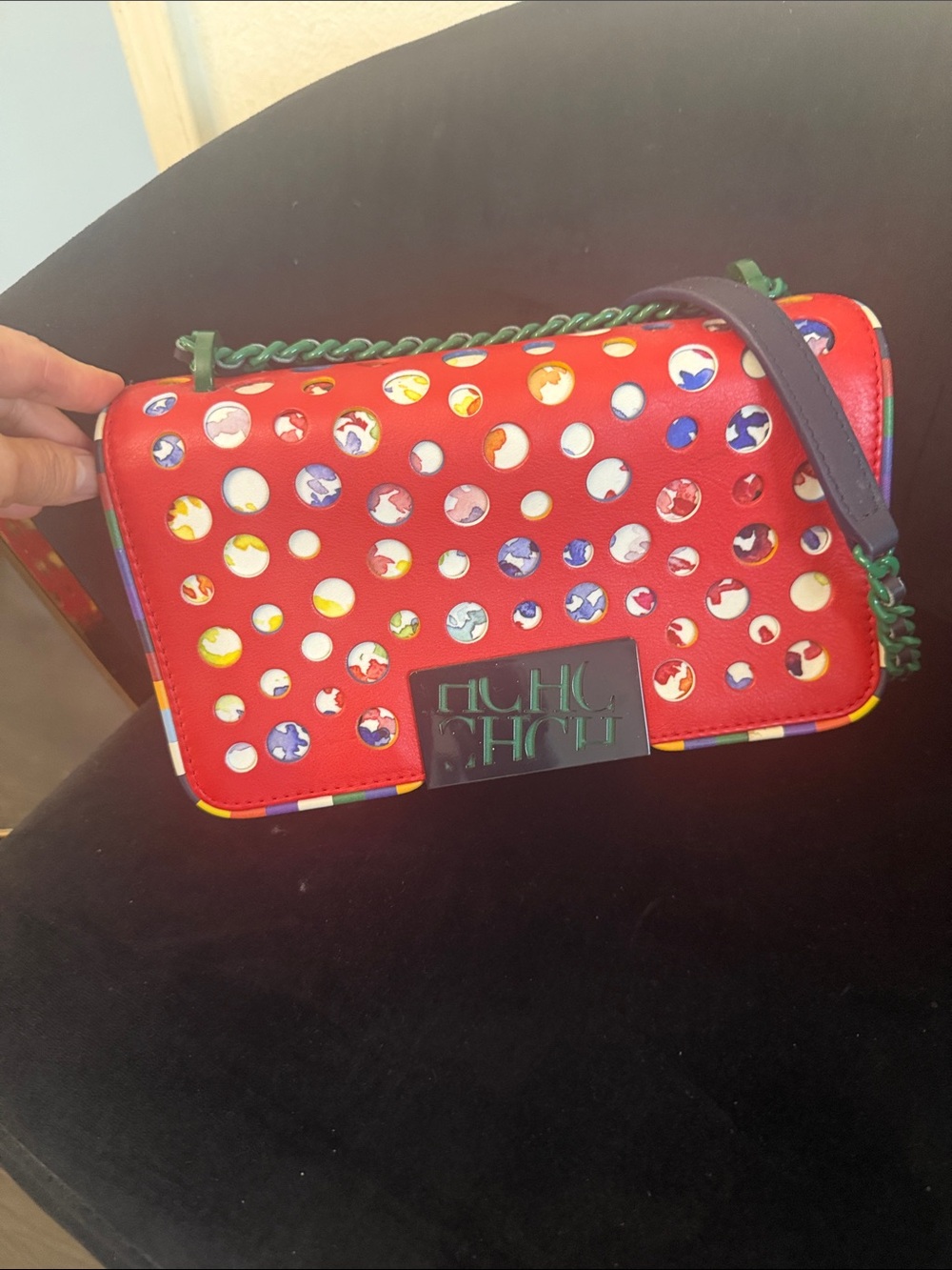 Carolina Herrera Red Perforated Multicolor Accent Crossbody